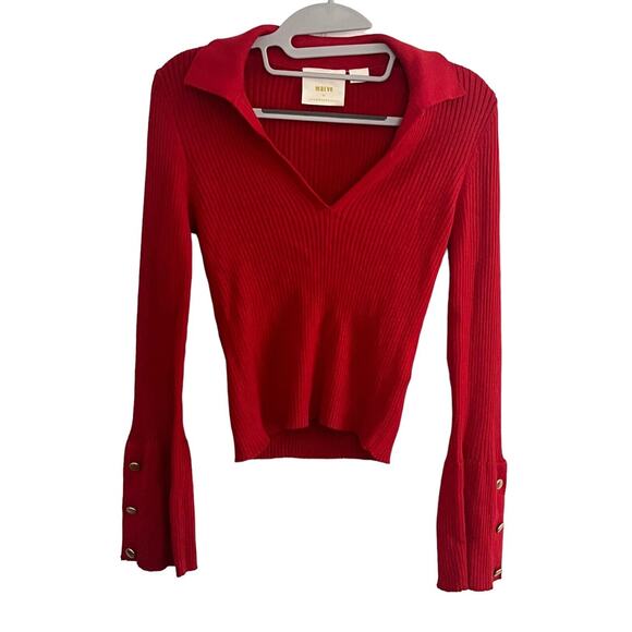 Anthropologie Maeve Polo Bell Sleeve Sweater •M• Long Ribbed Red Holiday Button - Picture 6 of 13